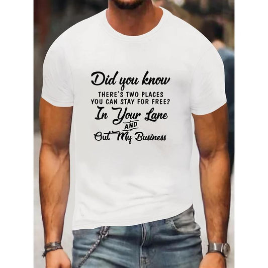 1 pc, 100% cotton T-shirt, Men's Black Graphic Tee | Humorous "Stay In Your Lane" Print | Casual Short Sleeve T-Shirt | Fashionable Streetwear Top | Versatile All-match Style Made in USA