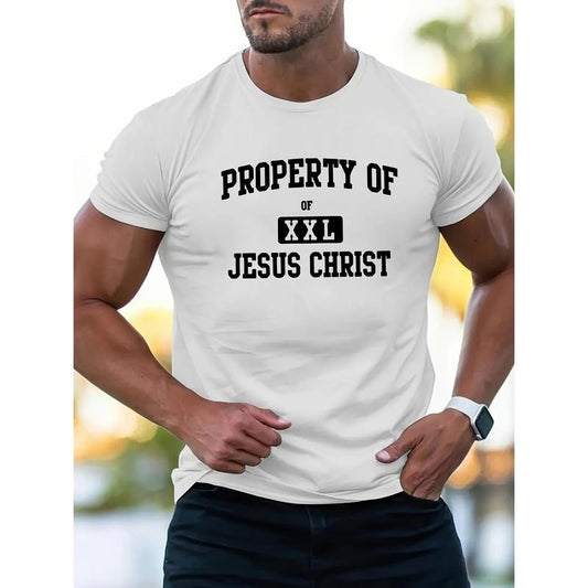 1 pc, 100% cotton T-shirt, PROPERTY OF JESUS CHRIST printed men's heavy cotton round neck short sleeve T-shirt, casual T-shirt, fashion comfortable breathable light summer top Made in USA
