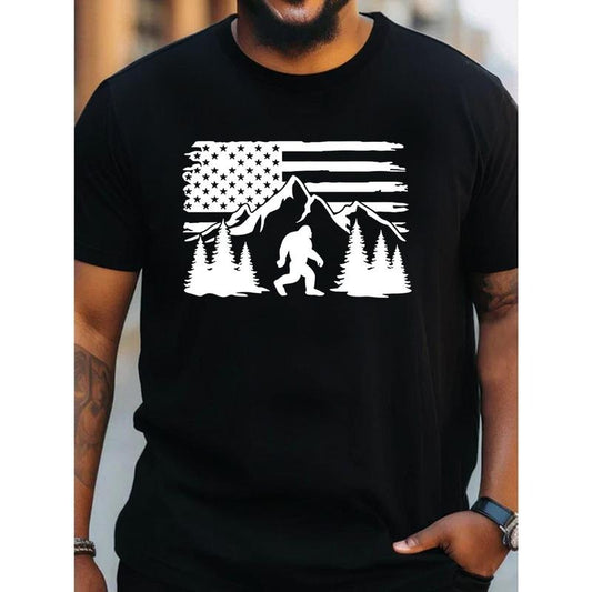 1 pc, 100% cotton T-shirt, Plus Size Men's Mountains Print Creative Top, Casual Short Sleeve Crew Neck T-shirt, Men's Clothing For Summer Outdoor Made in USA