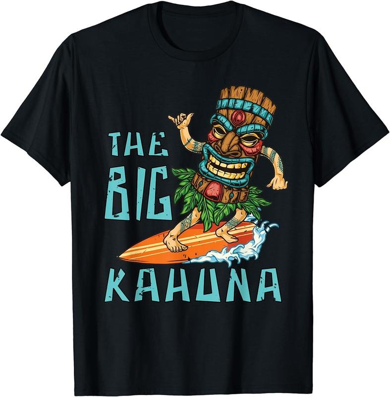 [100% Cotton] Tiki Big Kahuna Surfer Funny Tropical Hawaiian Fathers Day T-Shirt
