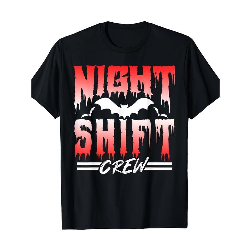 100% Cotton Crew Neck T-Shirt with Geometric Bat Pattern - Casual Style, Short Sleeve, Regular Fit Knit Fabric - Digital Heat Transfer Printed "Night Shift Crew" - All-Season Comfort Pullover for Adults Made in USA