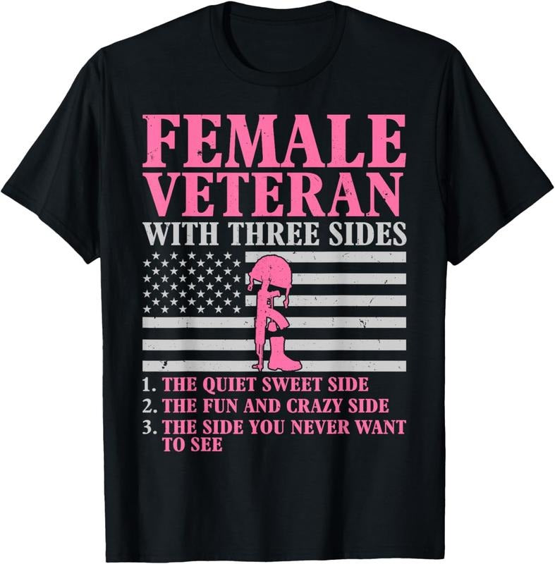 100% Cotton Female Veteran with Three Sides Women Veteran Mother Grandma T-Shirt