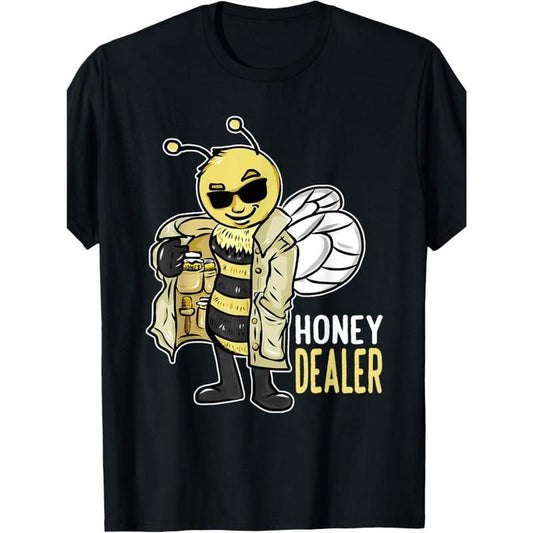 100% Made in USA, 180g Cotton 'Honey Dealer' Bee Graphic T-Shirt for Men - Funny Beekeeper Design with Fashion Glasses & Honeycomb Pattern, Short Sleeve, Round Neck - Ideal for Outdoor Activities Made in USA