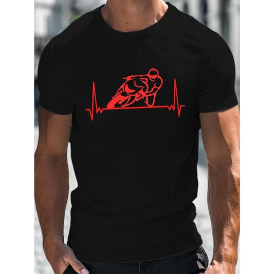 100% cotton T-shirt, Motorcycle Heartbeat Creative Print Men's Cotton Short Sleeve T-Shirt, Casual Round Neck Top, Versatile And Comfortable Tee, Spring& Summer Collection Made in USA