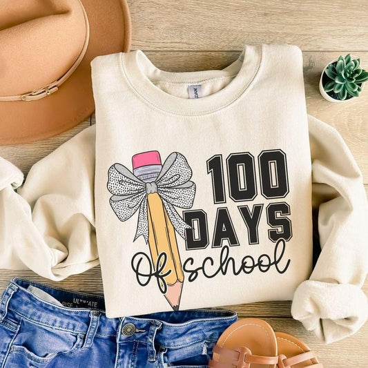 100 Days Of School Sweatshirt with Bow, Coquette 100th Day of School Teacher Shirt, One Hundredth Day Schooling Shirt 5XUCN