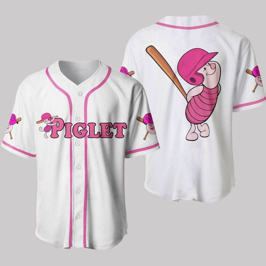 Piglet The Catcher Winnie The Pooh Disney Cartoon Graphics All Over Print 3D Unisex Baseball Jersey - White - Unisex Jersey Shirt - Bafud