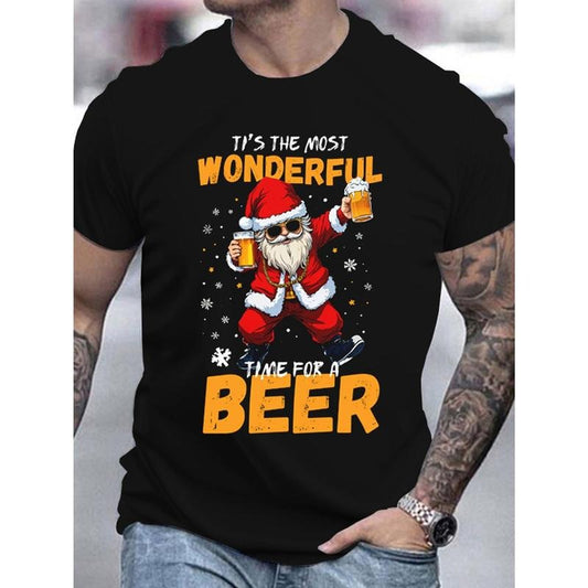 1pc Christmas Santa 3D Print T-Shirt, Men's Casual Round Neck Short Sleeve Tee, Polyester Knit Fabric, Festive Holiday...