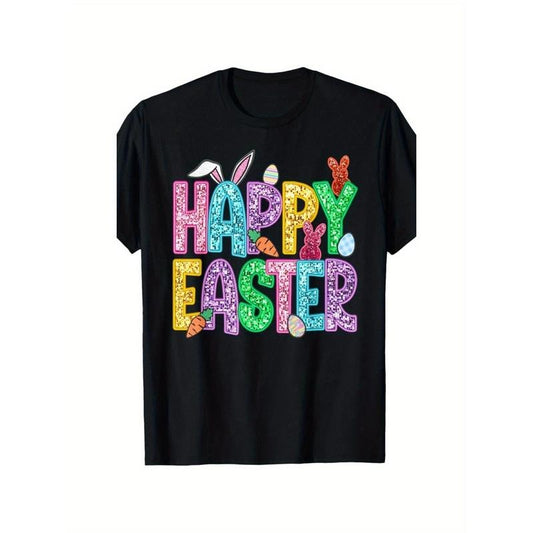 1pc Men'S Happy Easter Vibrant Bunny & Eggs Graphic Tee, 100% Cotton Fabric, Crew Neck, Short Sleeve, Regular Fit, Weekend Casual Wear, All-Season Casual Wear, 180gsm - Ideal for Valentines New Year'S Day Father'S Day Christmas Made in USA