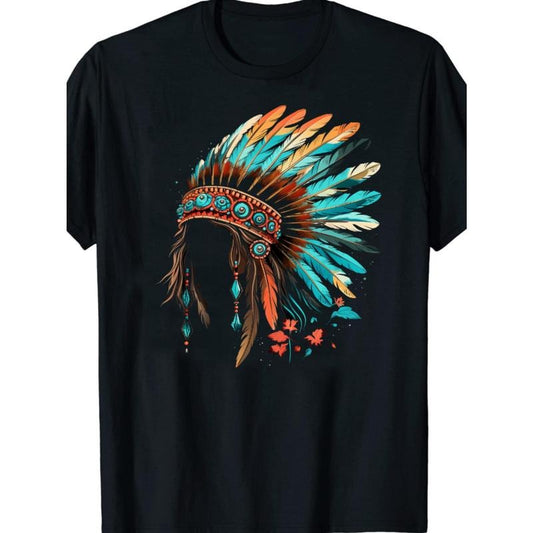 1pc Native American Indian Headdress Graphic T-Shirt for Men, Casual Cotton Tee with Feather Detail, Round Neck, Knit Fabric, Regular Fit, Sizes S-5XL, Ideal for Training & Outdoor Activities, Summer Top Made in USA