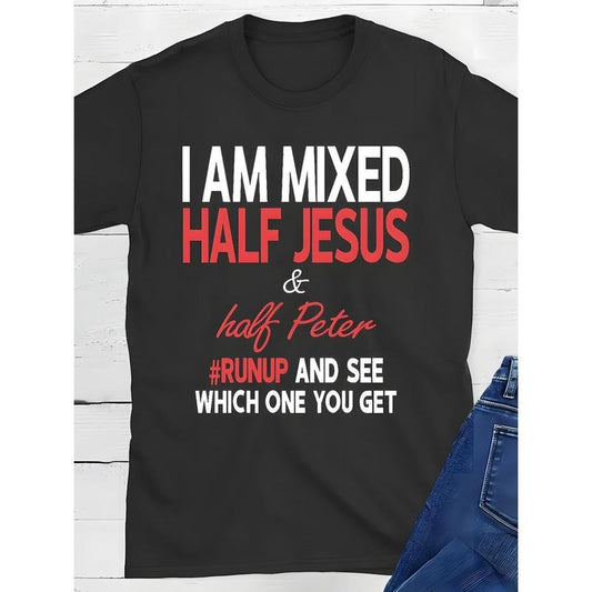 1pc, I'M Mixed, Half Jesus, Half Peter, Christian T Shirt Lion And Jesus Christian T Shirt Exquisite Graphic Print, Round Neck High Street Cotton Short Sleeve T-Shirt, Trendy Graphic T-Shirt, Printed T-Shirt, Premium Feel Cotton T-Shirt Made in USA