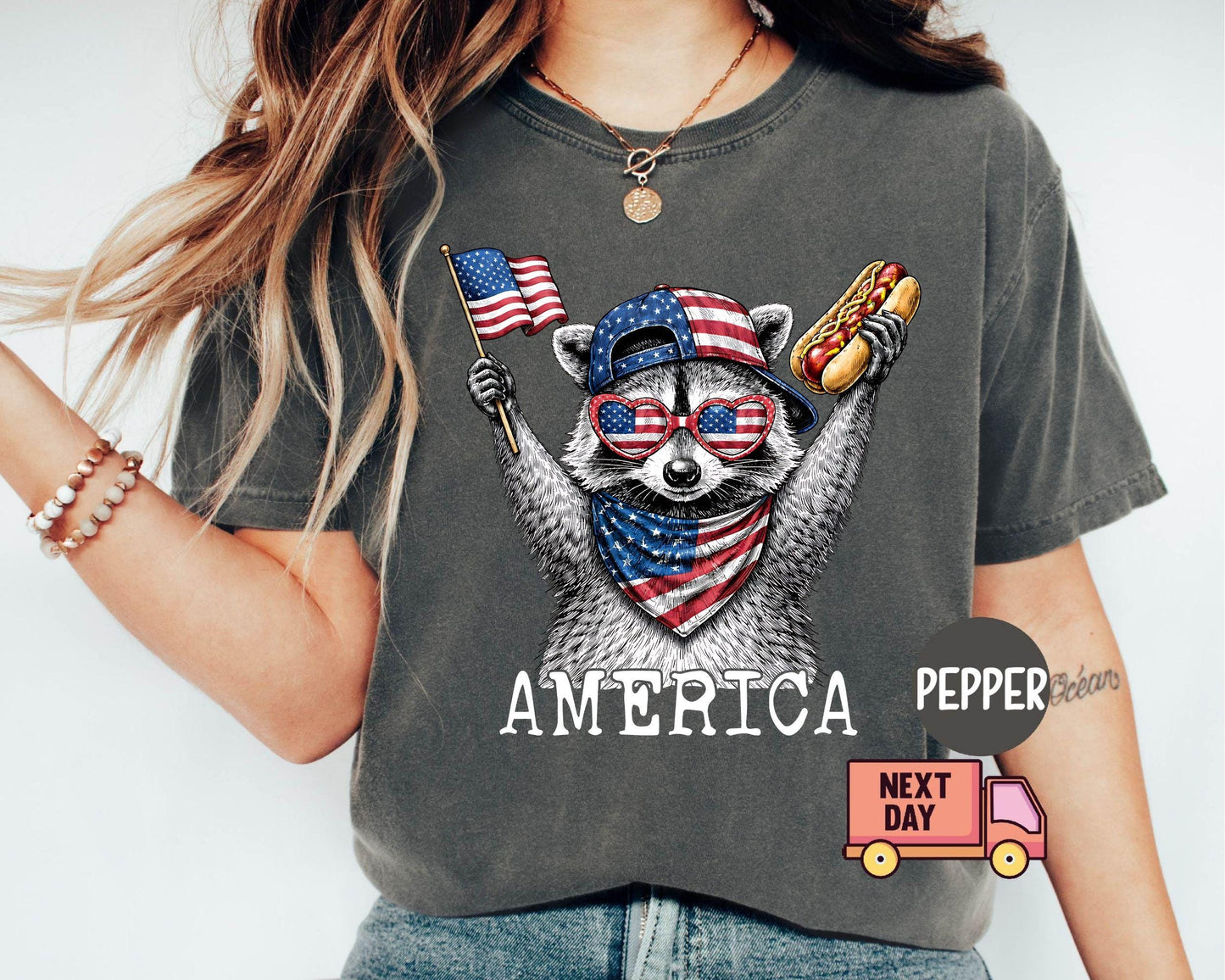 Comfort Colors America Raccoon Dog 4th July Raccoon Patriotic American Flag Tee Retro Usa Animal (3)
