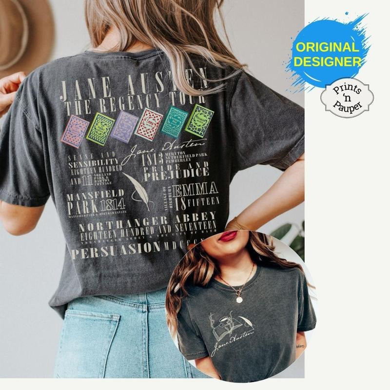 2 Sided, Jane Austen shirt Regency Tour Band Shirt Bookish T-shirt Pride and Prejudice Jane Austen Gift for Book Lover of Classic