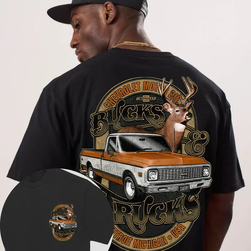 2 Sides Chevy Bucks and Trucks T-Shirt - Classic Cotton Crewneck Graphic Tee