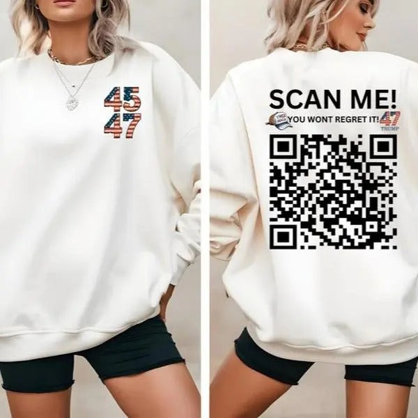 2 Sides Trump QR Code Sweatshirt - Scan for Dancing Trump YMCA Video - Funny Political Gildan 18000 Sweatshirt, Gifts, Classic Fabric Clothing