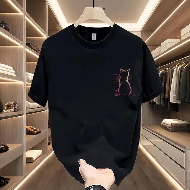 2025 Summer Casual National Trend Cat Background Print Loose Versatile Unisex Crew Neck Short Sleeve T-Shirt Light Spring Outfit