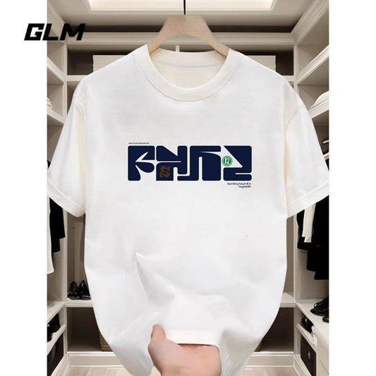 2025 Summer Cotton Men's Letter Print Short Sleeve T-Shirt Trendy Loose Fit Versatile Crew Neck Short Sleeve