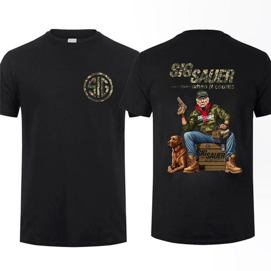 2025 Trump With Sig Sauer P320 When It Counts T-shirt - Sig Sauer Fan Gift Nature Hunting Enthusiast Outfit Gift For Men And Women Dad Cotton