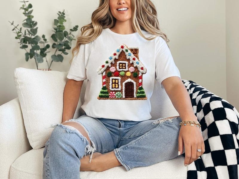 #383 - Faux Latch Hook Yarn Embroidery Gingerbread House, Christmas Holiday Shirt Design, Tee T-shirt Shirt Print Unisex...