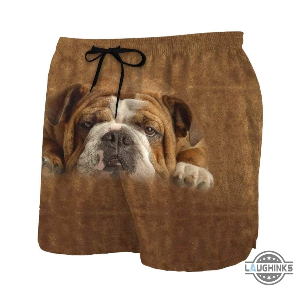 3D Lazy Bulldog Custom Summer Beach Summer Men Beach Shorts Swim Trunks Hawaiian Shirt Style Printed 3D Swim Trunks Aloha Summer Beach Button Up Shirts And Shorts