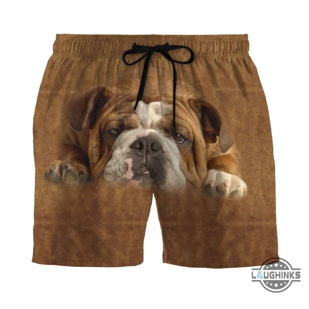 3D Lazy Bulldog Custom Summer Beach Summer Men Beach Shorts Swim Trunks Hawaiian Shirt Style Printed 3D Swim Trunks Aloha Summer Beach Button Up Shirts And Shorts
