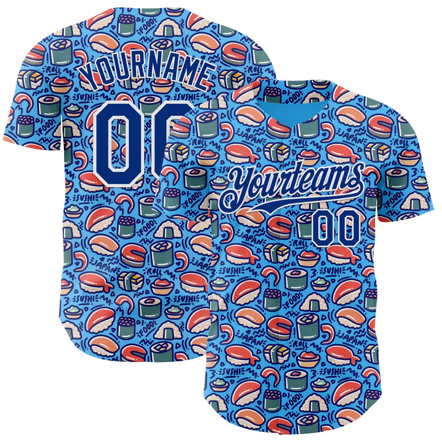 Custom Sky Blue Royal-White Foodie Sushi Doodle Authentic Baseball Jersey