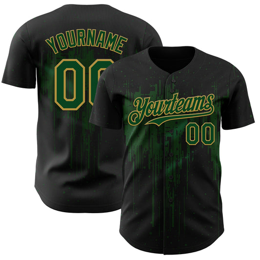 Custom Black Green-Old Gold Dripping Splatter Paint Authentic Baseball Jersey