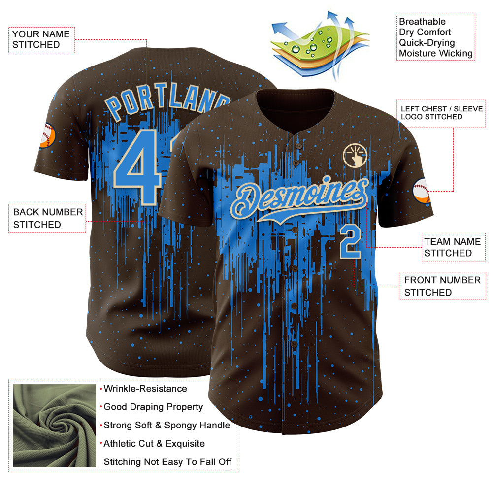 Custom Brown Powder Blue-Cream Dripping Splatter Paint Authentic Baseball Jersey