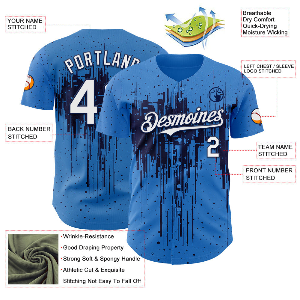 Custom Powder Blue White-Navy Dripping Splatter Paint Authentic Baseball Jersey