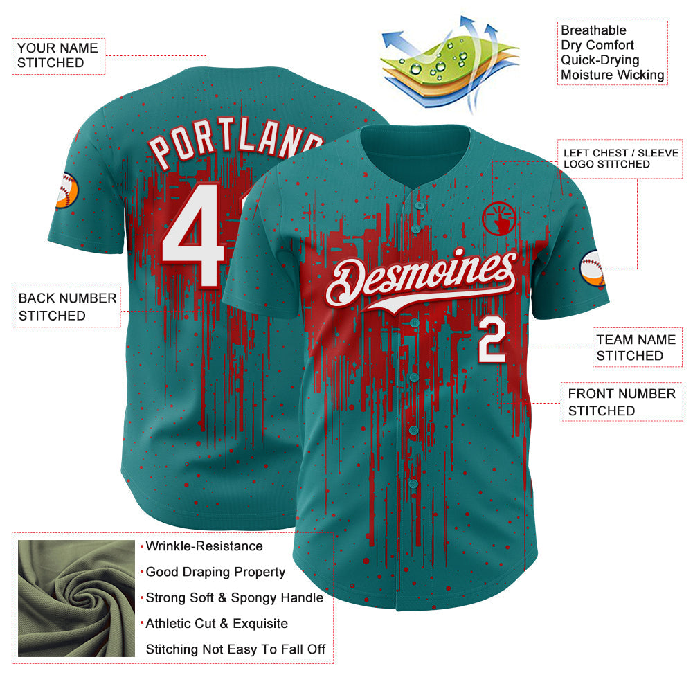 Custom Teal White-Red Dripping Splatter Paint Authentic Baseball Jersey