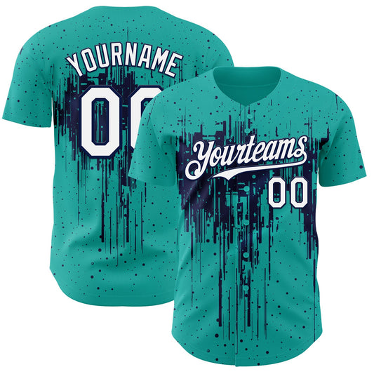 Custom Aqua White-Navy Dripping Splatter Paint Authentic Baseball Jersey