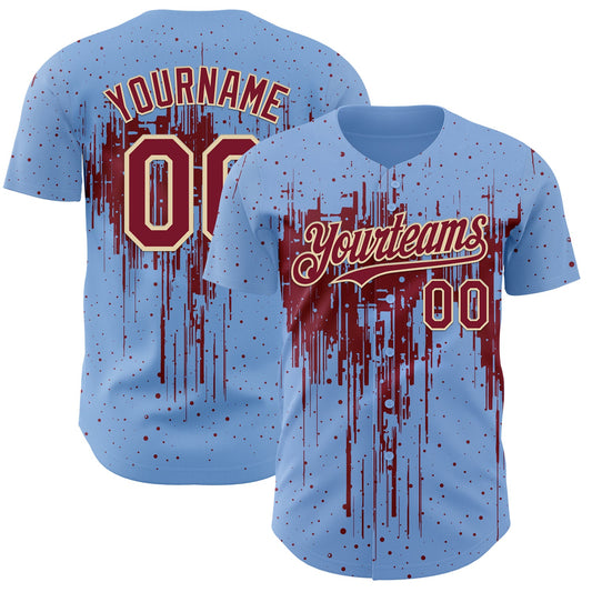 Custom Light Blue Crimson-Cream Dripping Splatter Paint Authentic Baseball Jersey