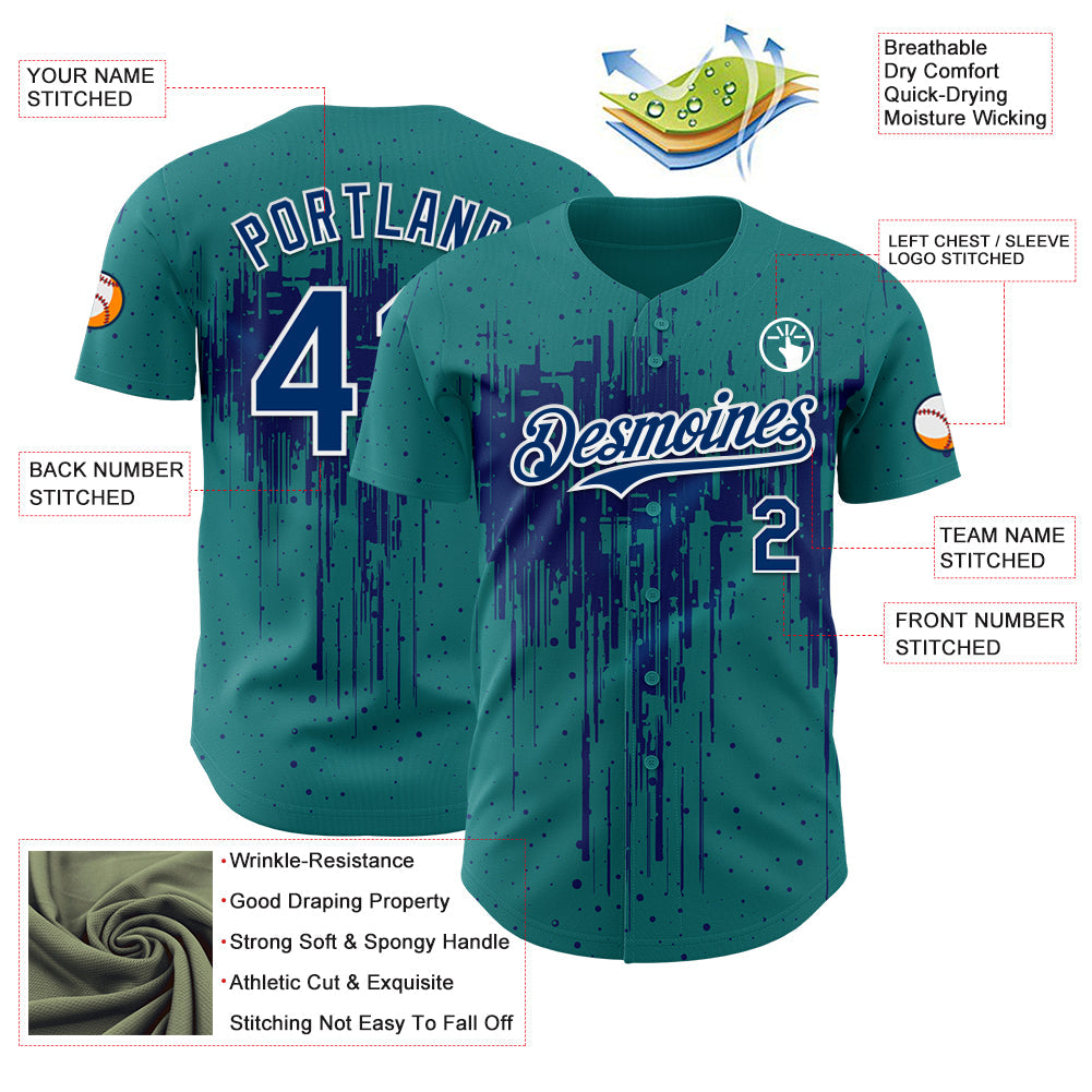 Custom Teal US Navy Blue-White Dripping Splatter Paint Authentic Baseball Jersey