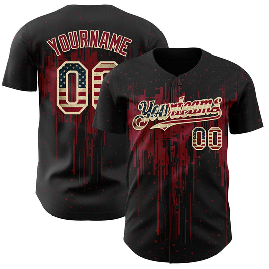Custom Black Vintage USA Flag Cream-Crimson Dripping Splatter Paint Authentic Baseball Jersey