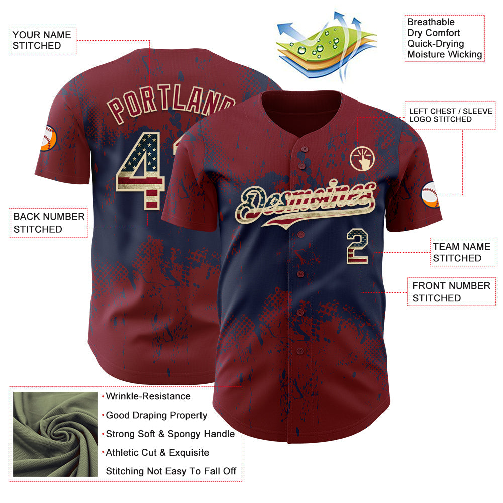 Custom Crimson Vintage USA Flag Navy-Cream Abstract Splatter Grunge Paint Authentic Baseball Jersey