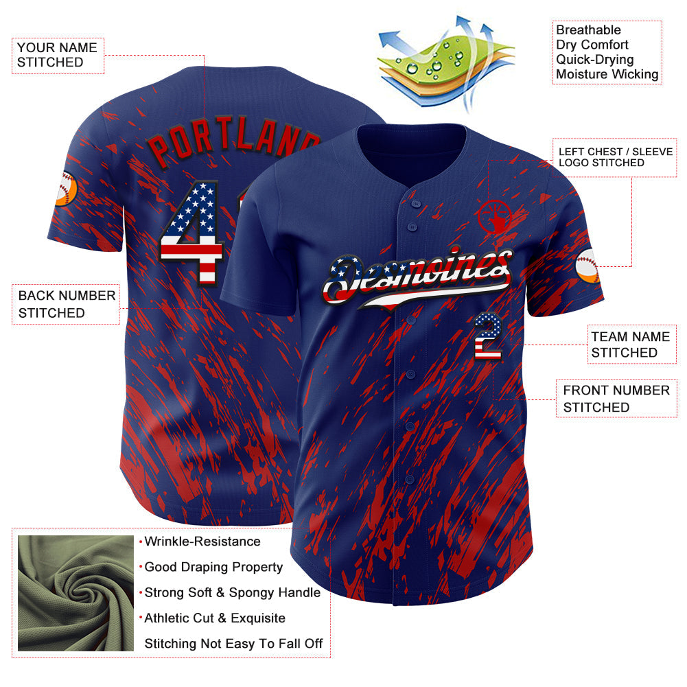 Custom Royal USA Flag Red-Black Paint Stroke Grunge Streak Authentic Baseball Jersey