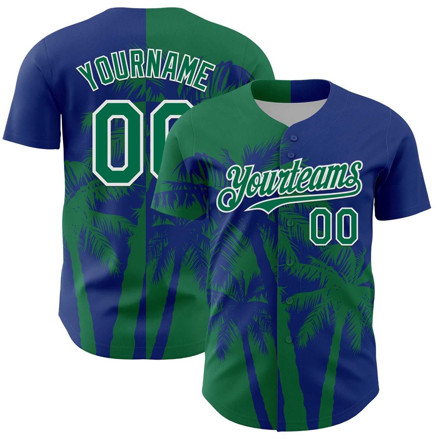 Custom Royal Kelly Green-White Hawaii Palm Trees Tropical Coconut Authentic Baseball Jersey