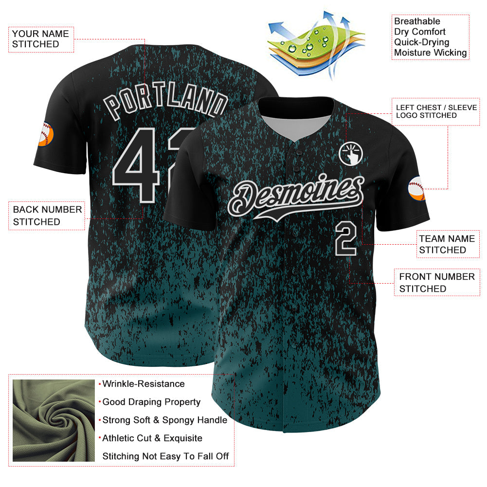 Custom Black Midnight Green-White Abstract Fragment Splatter Authentic Baseball Jersey