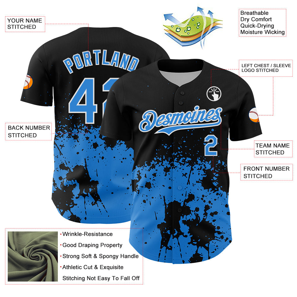 Custom Black Powder Blue-White Abstract Splatter Grunge Authentic Baseball Jersey