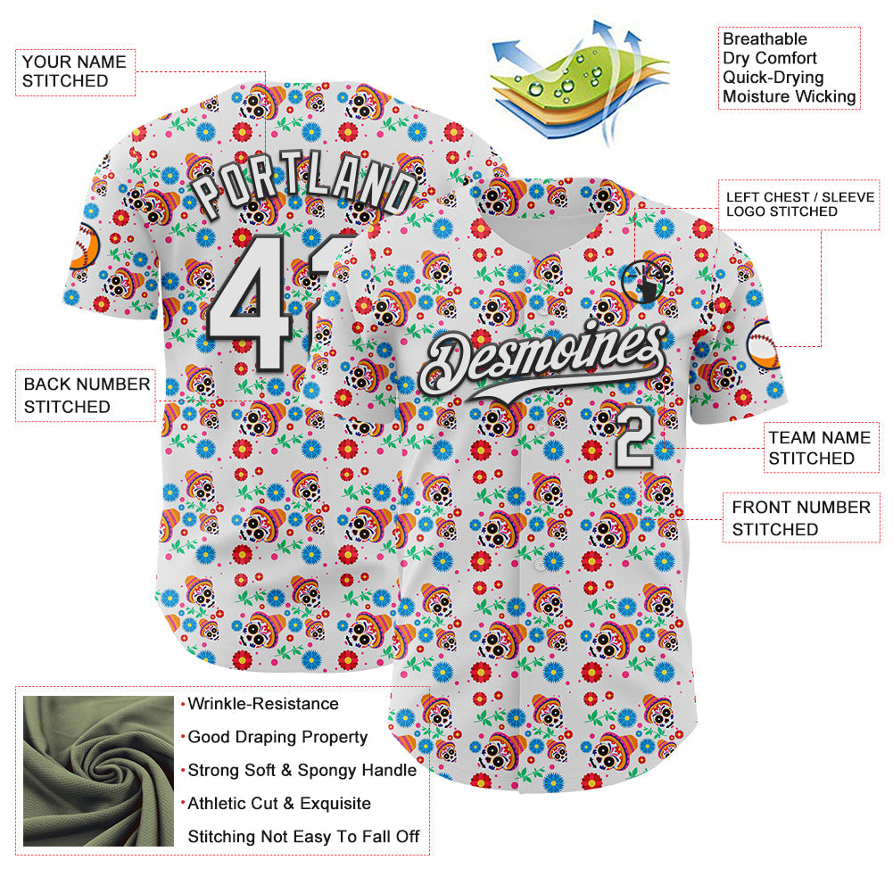 Custom White Black Sugar Skull Day of the Dead Mexican Folk Art Authentic Baseball Jersey