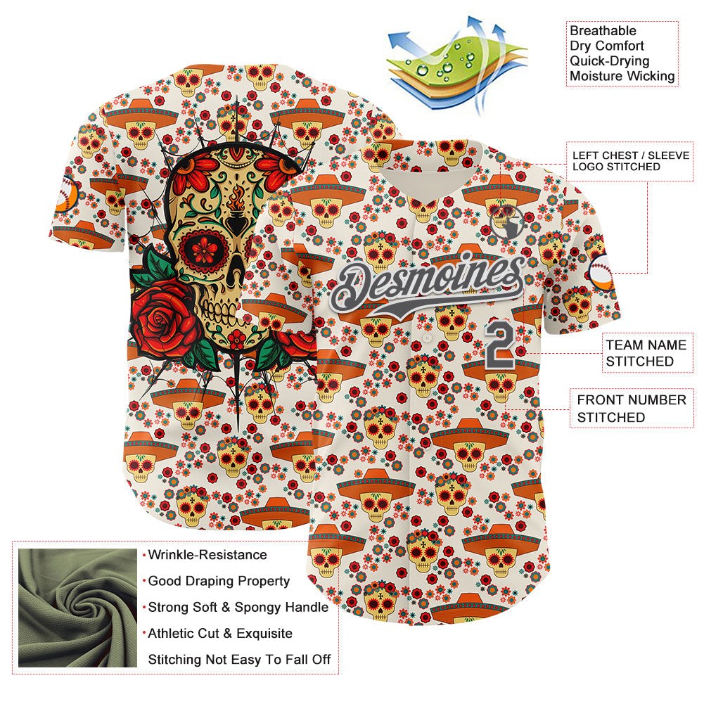 Custom Cream Steel Gray-White Sugar Skull Day of the Dead Mexican Folk Art Authentic Baseball Jersey
