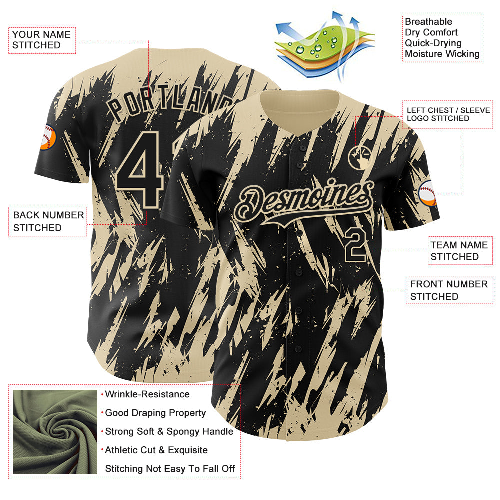 Custom Black Cream Splatter Torn Sharp Brush Stroke Authentic Baseball Jersey