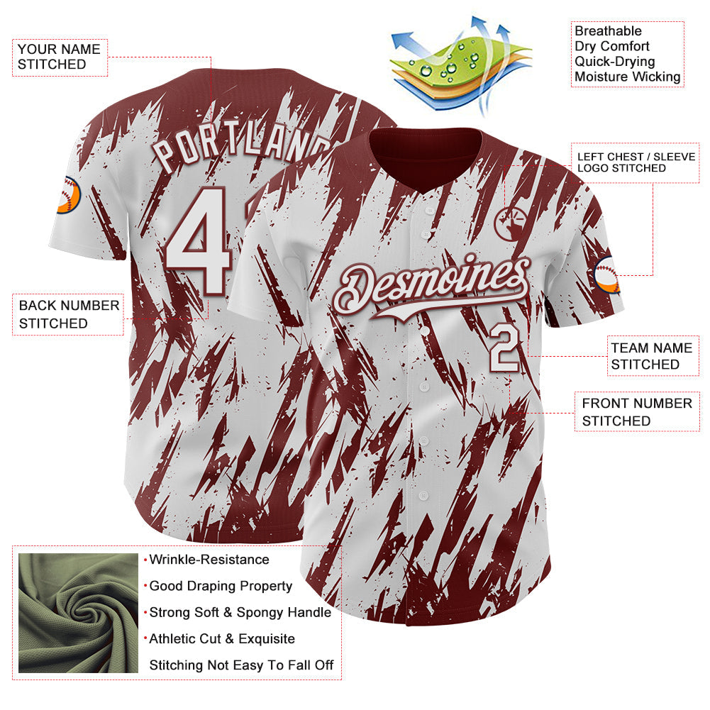 Custom White Burgundy Splatter Torn Sharp Brush Stroke Authentic Baseball Jersey