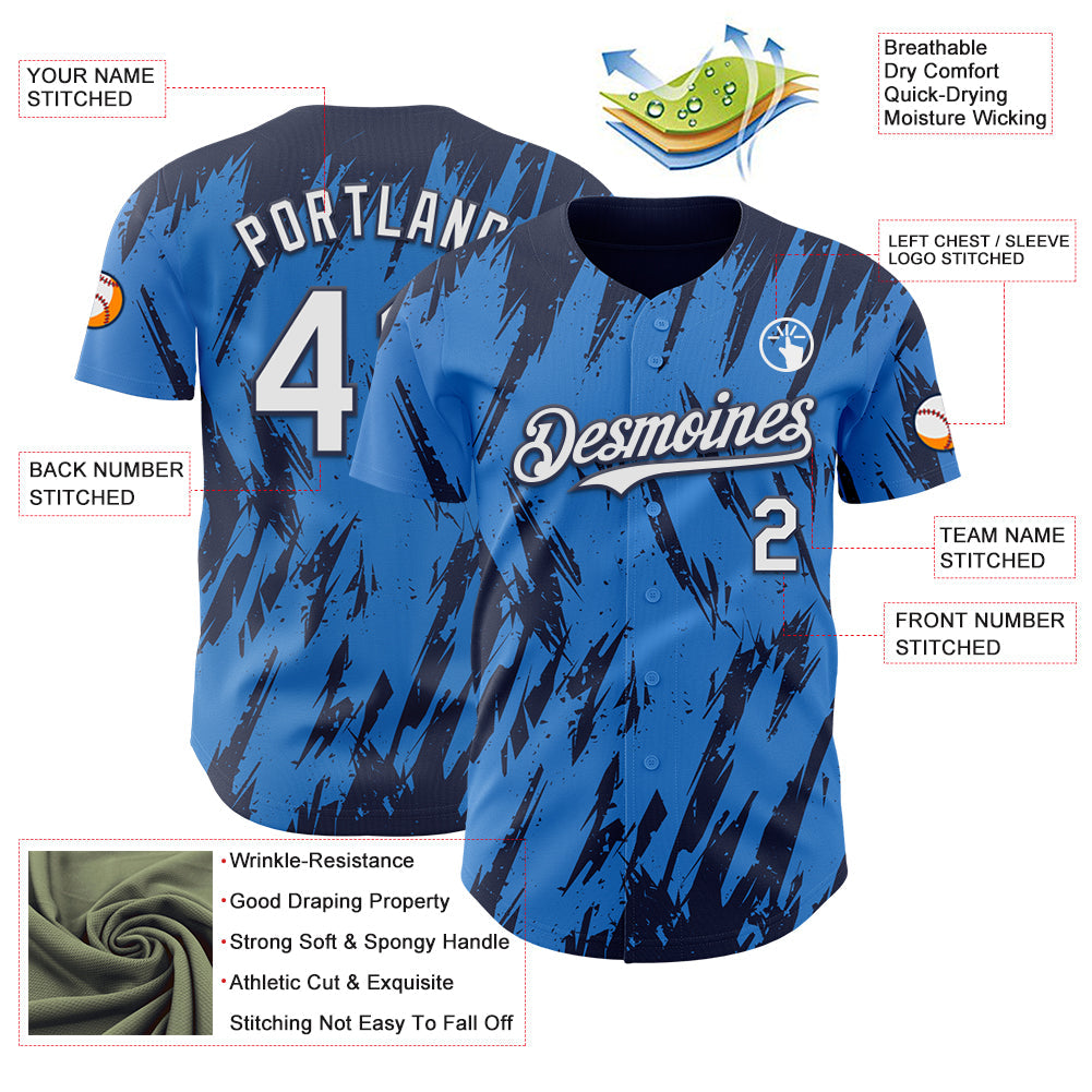 Custom Powder Blue White-Navy Splatter Torn Sharp Brush Stroke Authentic Baseball Jersey
