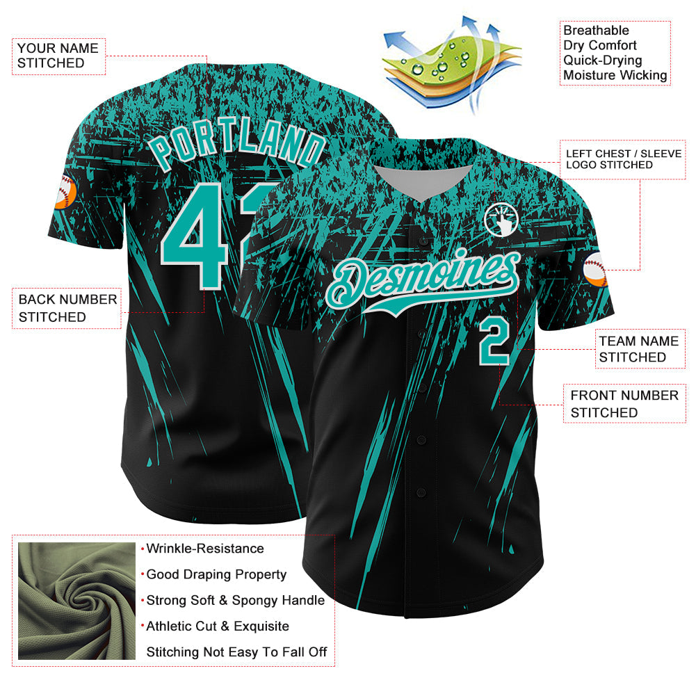 Custom Black Aqua-White Distressed Scratch Brush Stroke Authentic Baseball Jersey