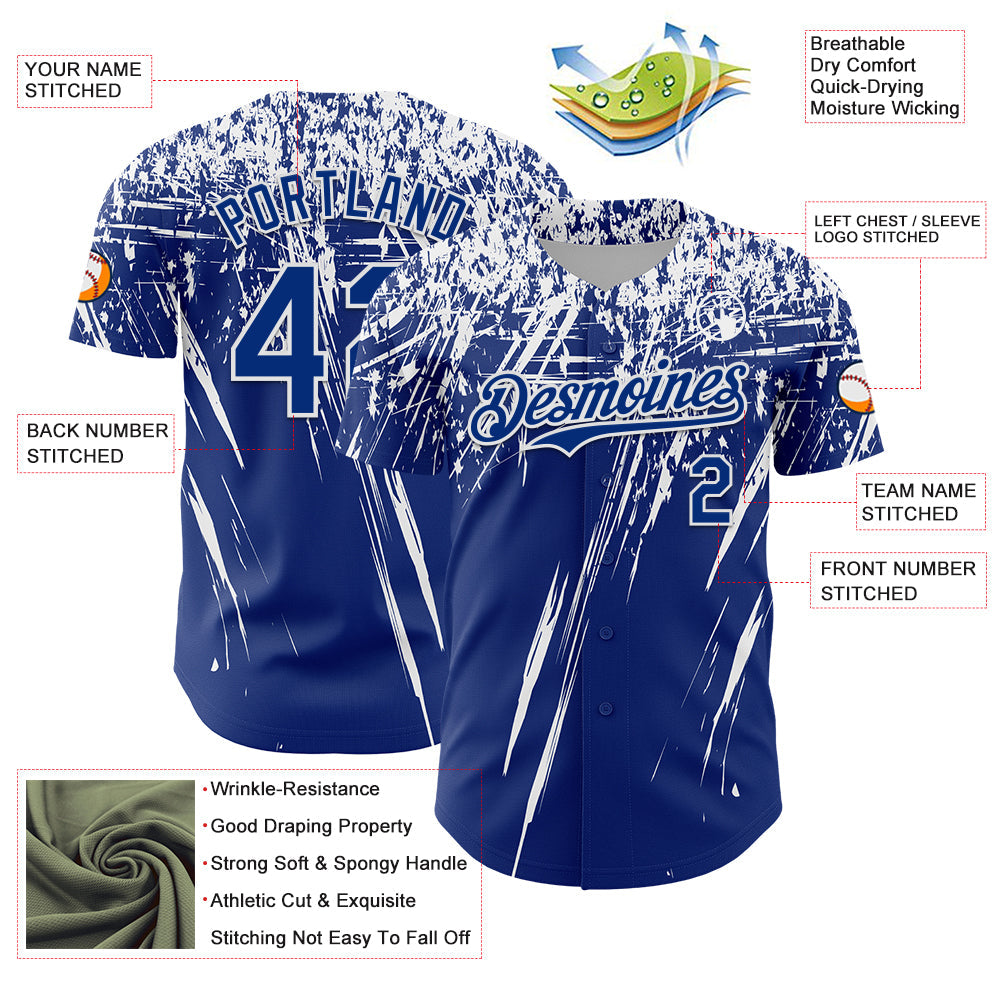 Custom Royal White Distressed Scratch Brush Stroke Authentic Baseball Jersey