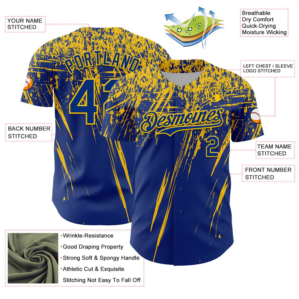 Custom Royal Yellow Distressed Scratch Brush Stroke Authentic Baseball Jersey