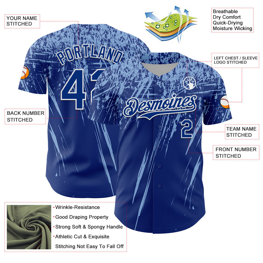 Custom Royal Light Blue-White Distressed Scratch Brush Stroke Authentic Baseball Jersey