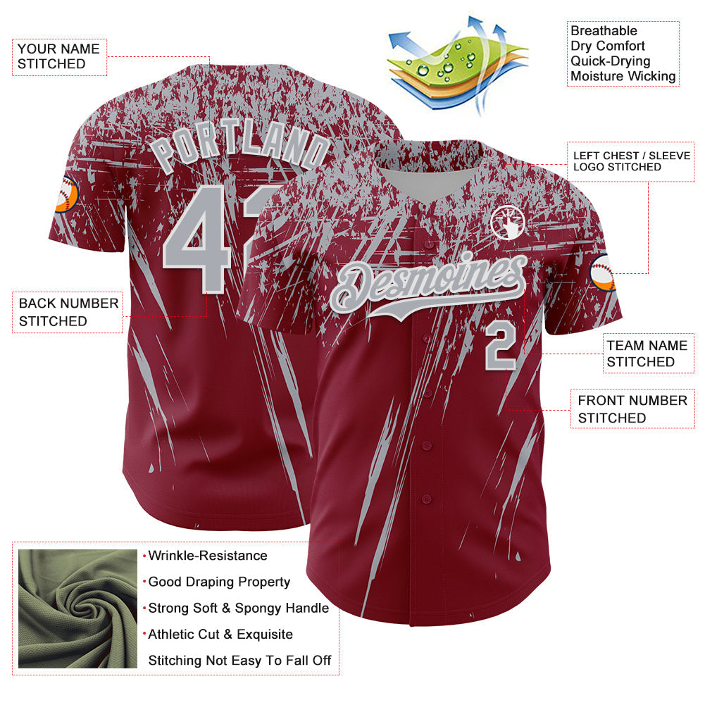 Custom Crimson Gray-White Distressed Scratch Brush Stroke Authentic Baseball Jersey