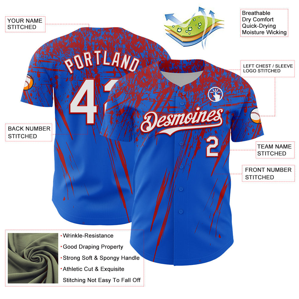 Custom Thunder Blue White-Red Distressed Scratch Brush Stroke Authentic Baseball Jersey