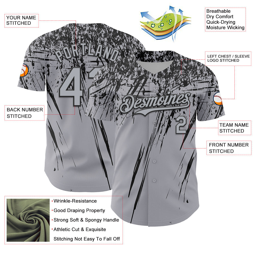 Custom Gray Black Distressed Scratch Brush Stroke Authentic Baseball Jersey